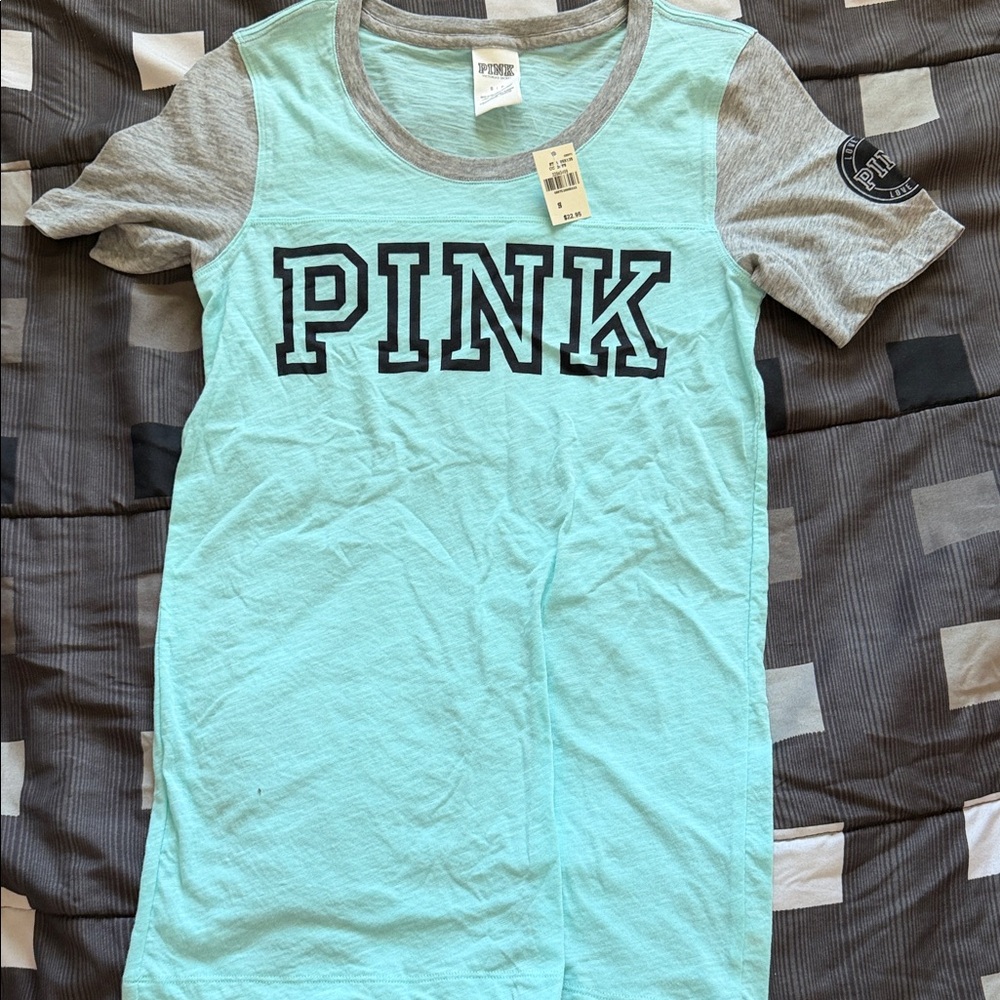 PINK Victoria's Secret Mint & Gray Short Sleeve Raglan Tee